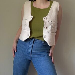 Button Front V-Neck Knit Sweater Vest in Beige